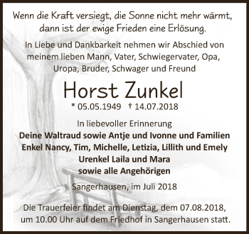 Traueranzeige von Horst Zunkel von WVG - Wochenspiegel SGH
