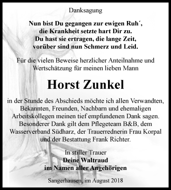 Traueranzeige von Horst Zunkel von Mitteldeutsche Zeitung Sangerhausen
