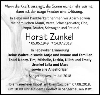 Traueranzeige von Horst Zunkel von Mitteldeutsche Zeitung Sangerhausen