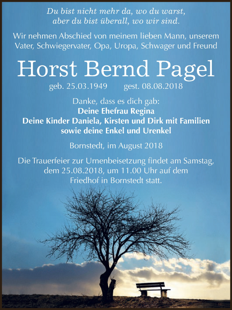  Traueranzeige für Horst Bernd Pagel vom 18.08.2018 aus Super Sonntag SGH Mansf. Land