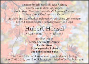 Traueranzeige von Hubert Hensel von WVG - Wochenspiegel Bitterfeld