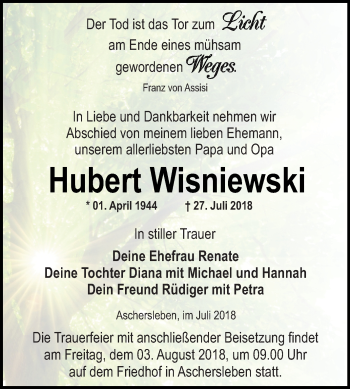 Traueranzeige von Hubert Wisniewski von WVG - Wochenspiegel Quedlinburg