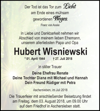 Traueranzeige von Hubert Wisniewski von Mitteldeutsche Zeitung Aschersleben