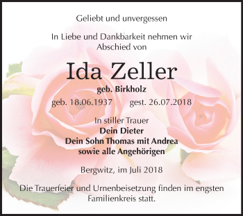 Traueranzeige von Ida Zeller von Mitteldeutsche Zeitung