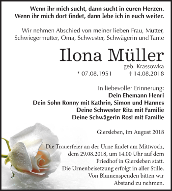 Traueranzeige von Ilona Müller von Mitteldeutsche Zeitung Aschersleben