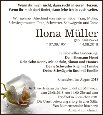 Traueranzeige von Ilona Müller von Super Sonntag Aschersleben