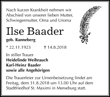 Traueranzeige von Ilse Baader von Mitteldeutsche Zeitung