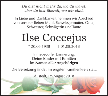 Traueranzeige von Ilse Coccejus von Mitteldeutsche Zeitung Sangerhausen
