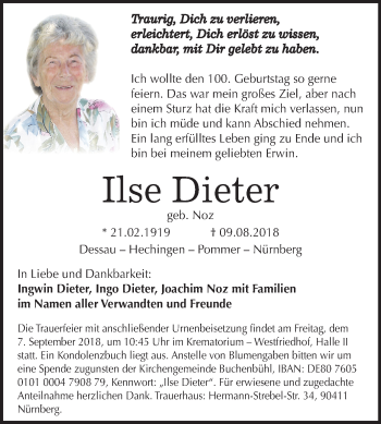 Traueranzeige von Ilse Dieter von Mitteldeutsche Zeitung Dessau-Roßlau