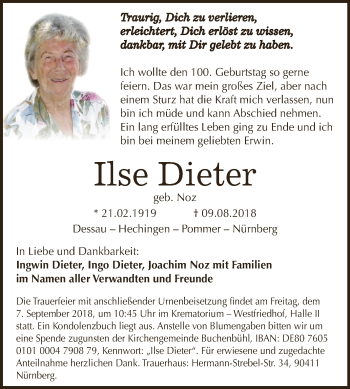 Traueranzeige von Ilse Dieter von WVG - Wochenspiegel Dessau / Köthen