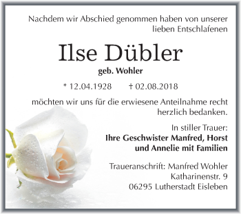 Traueranzeige von Ilse Dübler von Mitteldeutsche Zeitung Halle/Saalkreis