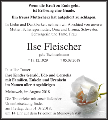 Traueranzeige von Ilse Fleischer von Mitteldeutsche Zeitung Zeitz