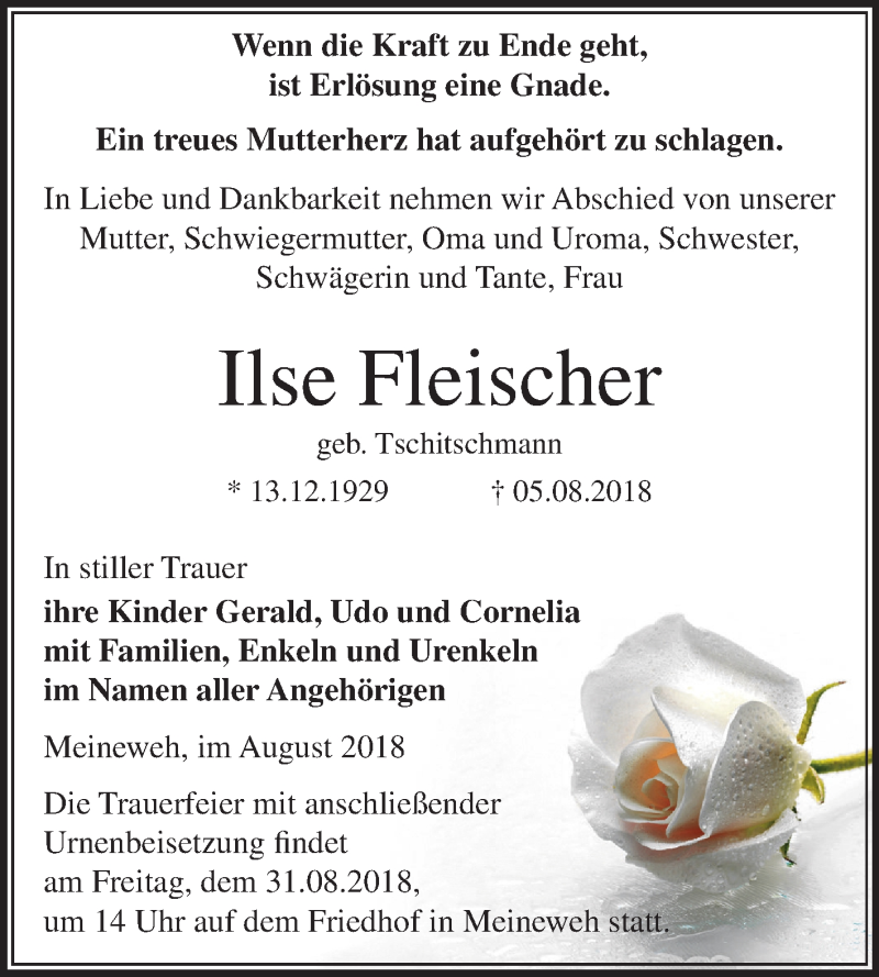  Traueranzeige für Ilse Fleischer vom 11.08.2018 aus Mitteldeutsche Zeitung Zeitz