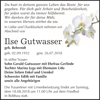 Traueranzeige von Ilse Gutwasser von WVG - Wochenspiegel Bitterfeld