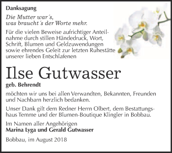 Traueranzeige von Ilse Gutwasser von WVG - Wochenspiegel Bitterfeld