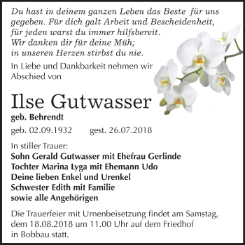 Traueranzeige von Ilse Gutwasser von Mitteldeutsche Zeitung Bitterfeld
