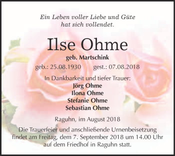 Traueranzeige von Ilse Ohme von WVG - Wochenspiegel Bitterfeld