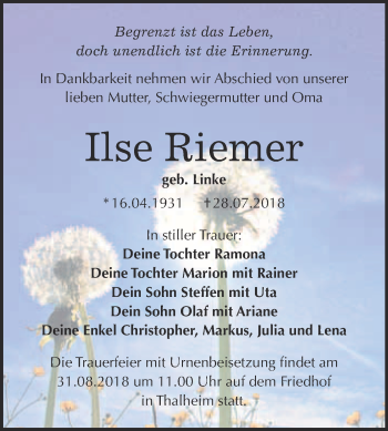 Traueranzeige von Ilse Riemer von WVG - Wochenspiegel Bitterfeld