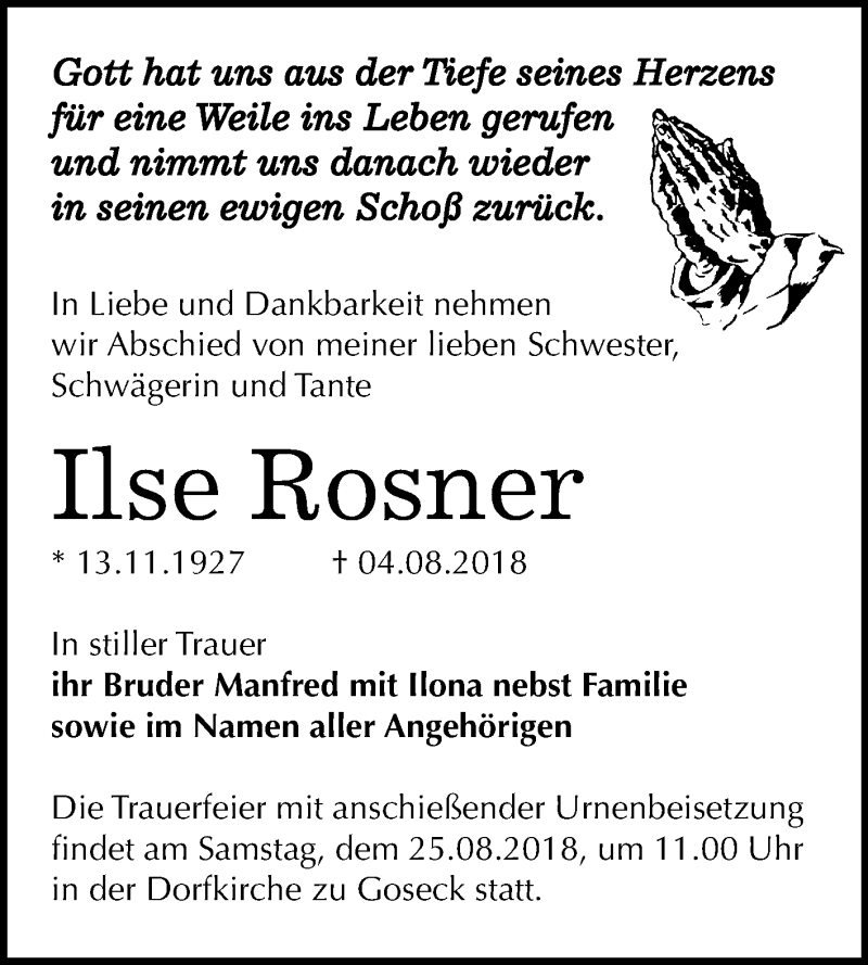  Traueranzeige für Ilse Rosner vom 11.08.2018 aus Mitteldeutsche Zeitung Weißenfels