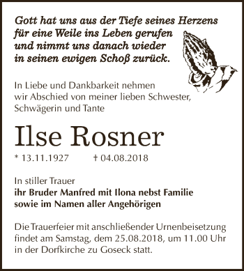 Traueranzeige von Ilse Rosner von WVG - Wochenspiegel NMB / WSF / ZTZ