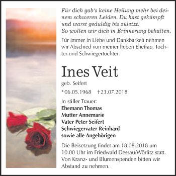 Traueranzeige von Ines Veit von WVG - Wochenspiegel Bitterfeld