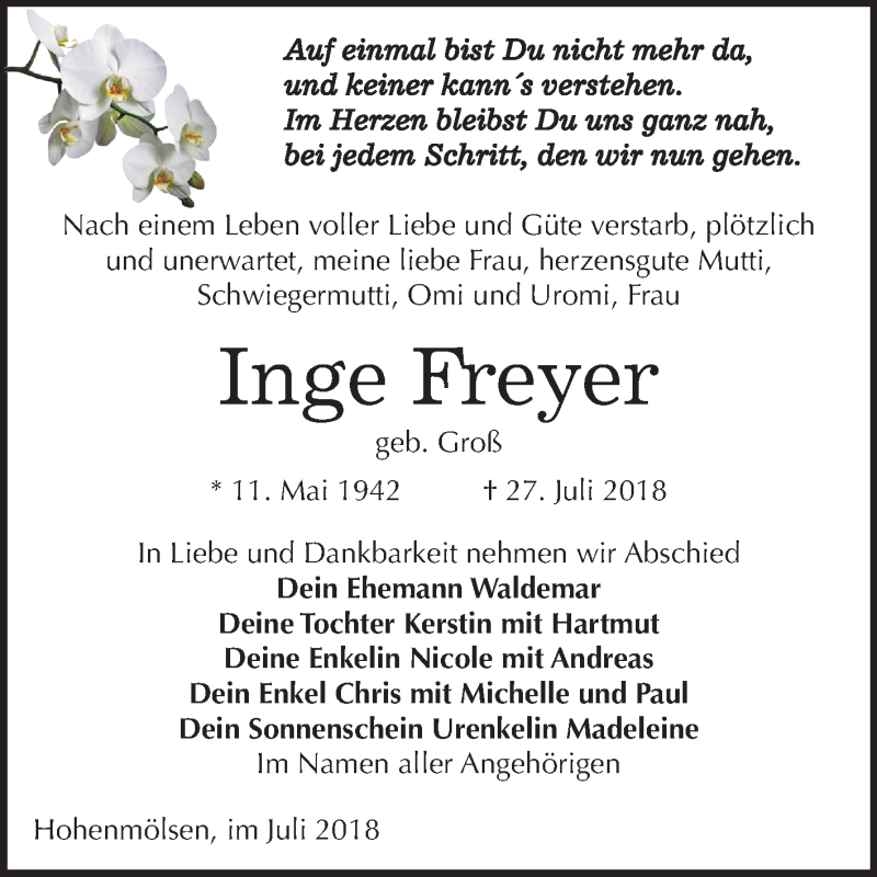  Traueranzeige für Inge Freyer vom 04.08.2018 aus Mitteldeutsche Zeitung
