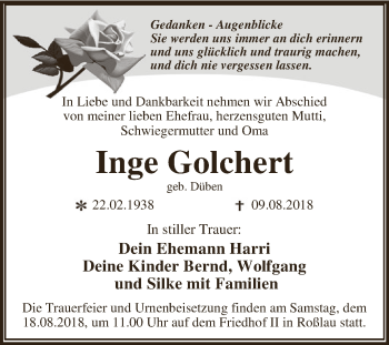 Traueranzeige von Inge Golchert von WVG - Wochenspiegel Dessau / Köthen