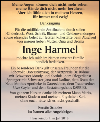 Traueranzeige von Inge Harmel von Mitteldeutsche Zeitung Quedlinburg