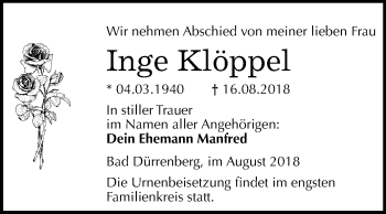 Traueranzeige von Inge Klöppel von Mitteldeutsche Zeitung Merseburg/Querfurt