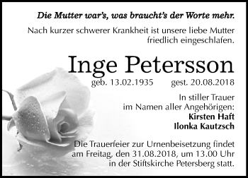Traueranzeige von Inge Petersson von Mitteldeutsche Zeitung Halle/Saalkreis