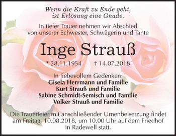 Traueranzeige von Inge Strauß von Mitteldeutsche Zeitung Halle/Saalkreis