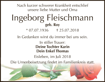 Traueranzeige von Ingeborg Fleischmann von Wochenspiegel Mansfelder Land