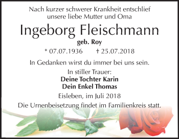 Traueranzeige von Ingeborg Fleischmann von Mitteldeutsche Zeitung