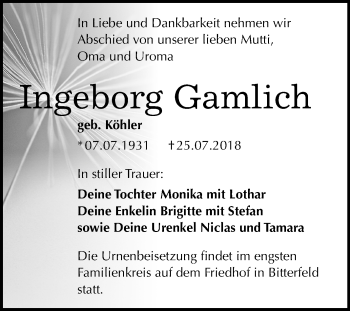Traueranzeige von Ingeborg Gamlich von Mitteldeutsche Zeitung Bitterfeld
