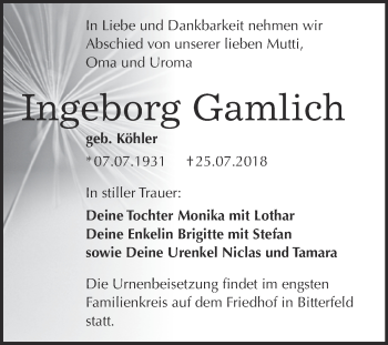 Traueranzeige von Ingeborg Gamlich von WVG - Wochenspiegel Bitterfeld