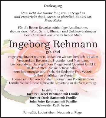Traueranzeige von Ingeborg Rehmann von Mitteldeutsche Zeitung