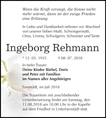 Traueranzeige von Ingeborg Rehmann von Mitteldeutsche Zeitung Merseburg/Querfurt