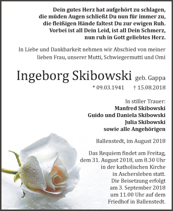 Traueranzeige von Ingeborg Skibowski von Mitteldeutsche Zeitung Quedlinburg