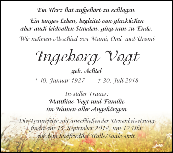Traueranzeige von Ingeborg Vogt von Mitteldeutsche Zeitung Halle/Saalkreis