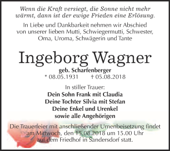 Traueranzeige von Ingeborg Wagner von WVG - Wochenspiegel Bitterfeld