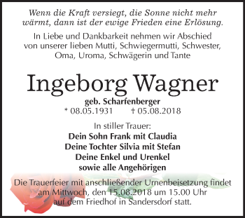 Traueranzeige von Ingeborg Wagner von Mitteldeutsche Zeitung Bitterfeld