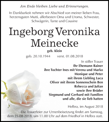 Traueranzeige von Ingeborg Veronika Meinecke von Mitteldeutsche Zeitung