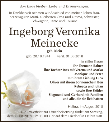 Traueranzeige von Ingeborg Veronika Meinecke von Super Sonntag SGH Mansf. Land