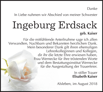 Traueranzeige von Ingeburg Erdsack von Mitteldeutsche Zeitung Bernburg