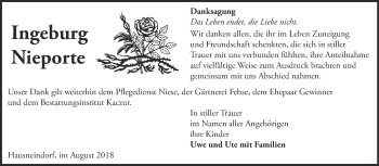 Traueranzeige von Ingeburg Nieporte von WVG - Wochenspiegel Quedlinburg