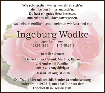 Traueranzeige von Ingeburg Wodke von WVG - Wochenspiegel Dessau / Köthen