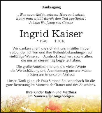 Traueranzeige von Ingrid Kaiser von Mitteldeutsche Zeitung