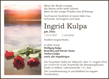 Traueranzeige von Ingrid Kulpa von WVG - Wochenspiegel Dessau / Köthen