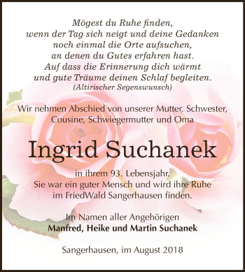 Traueranzeige von Ingrid Suchanek von WVG - Wochenspiegel SGH