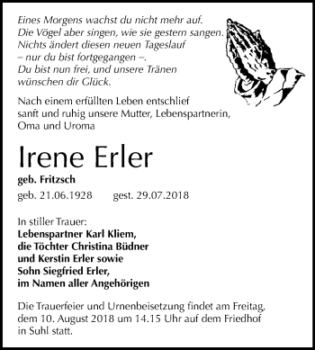 Traueranzeige von Irene Erler von Mitteldeutsche Zeitung Bitterfeld